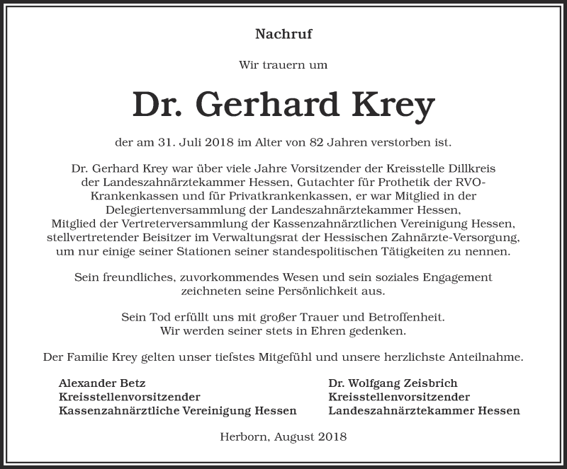  Traueranzeige für Gerhard Krey vom 10.08.2018 aus Dill-Block