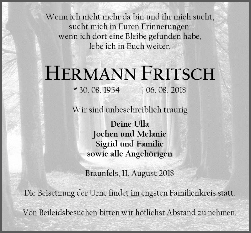  Traueranzeige für Hermann Fritsch vom 10.08.2018 aus Wetzlarer Neue Zeitung