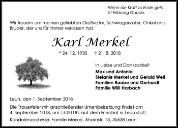 Traueranzeige von Karl Merkel von Wetzlarer Neue Zeitung