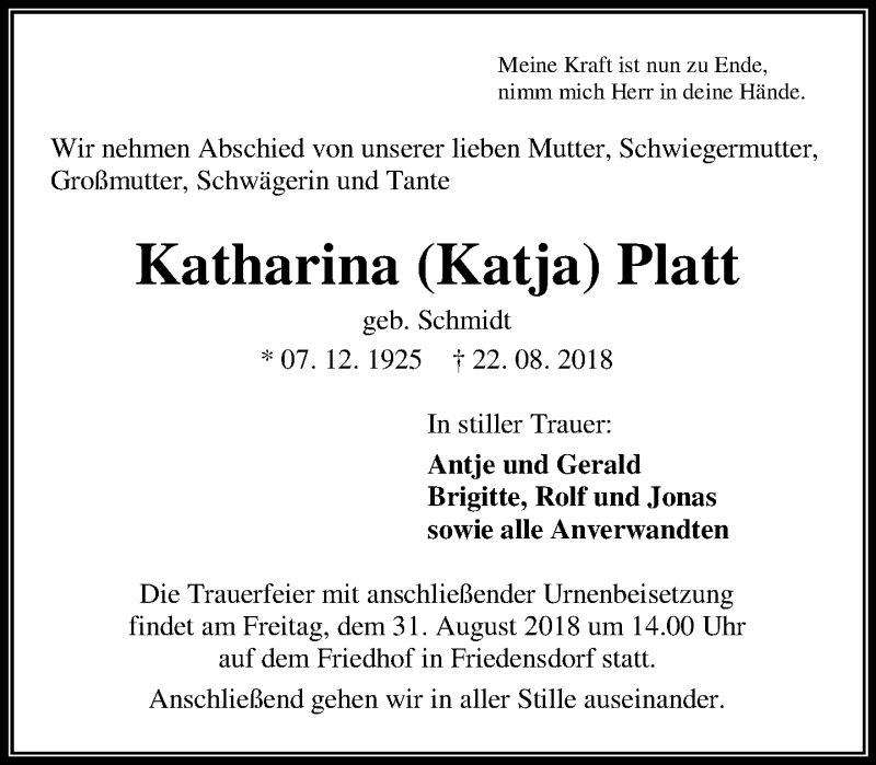  Traueranzeige für Katharina Platt vom 27.08.2018 aus Hinterländer Anzeiger
