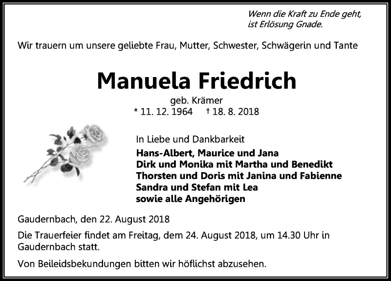  Traueranzeige für Manuela Friedrich vom 22.08.2018 aus Weilburger Tageblatt
