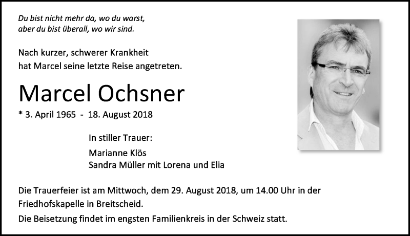  Traueranzeige für Marcel Ochsner vom 24.08.2018 aus Dill-Block