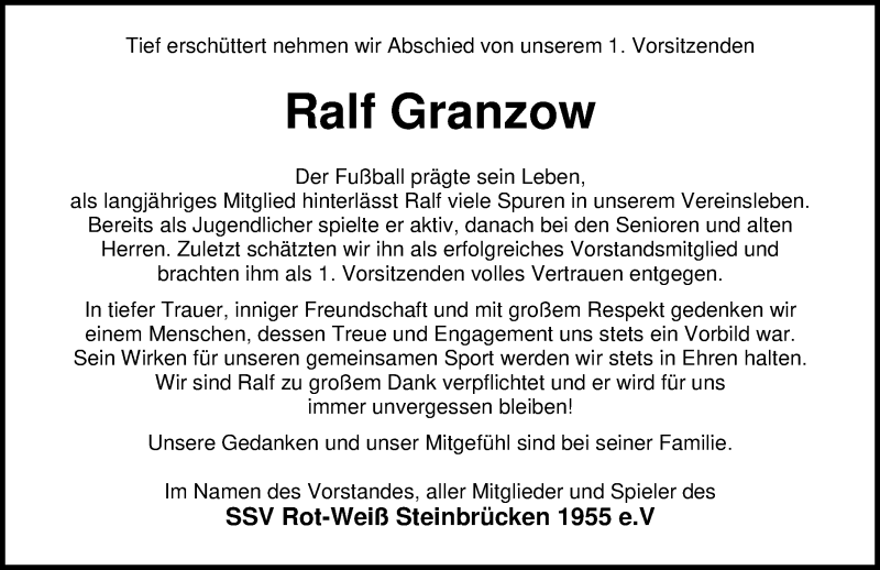 Traueranzeige für Ralf Granzow vom 03.08.2018 aus Dill-Block