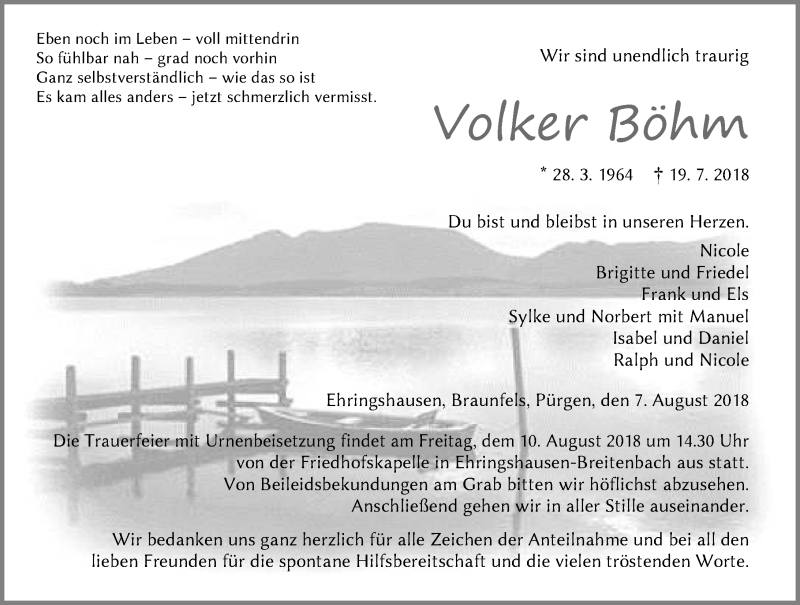  Traueranzeige für Volker Böhm vom 07.08.2018 aus Wetzlarer Neue Zeitung