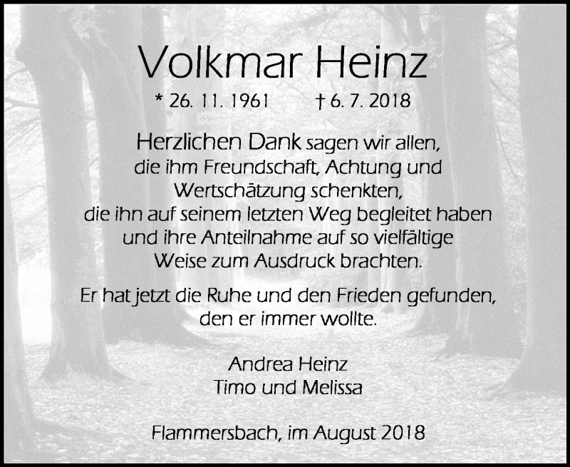  Traueranzeige für Volkmar Heinz vom 11.08.2018 aus Dill-Block