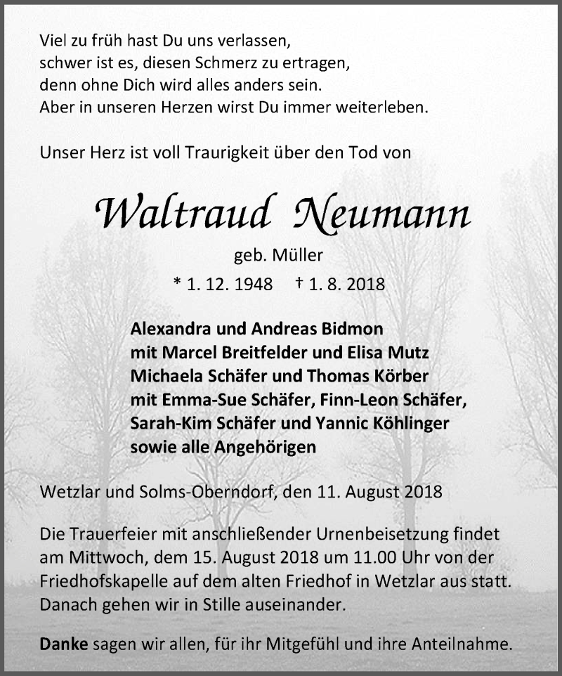  Traueranzeige für Waltraud Neumann vom 11.08.2018 aus Wetzlarer Neue Zeitung