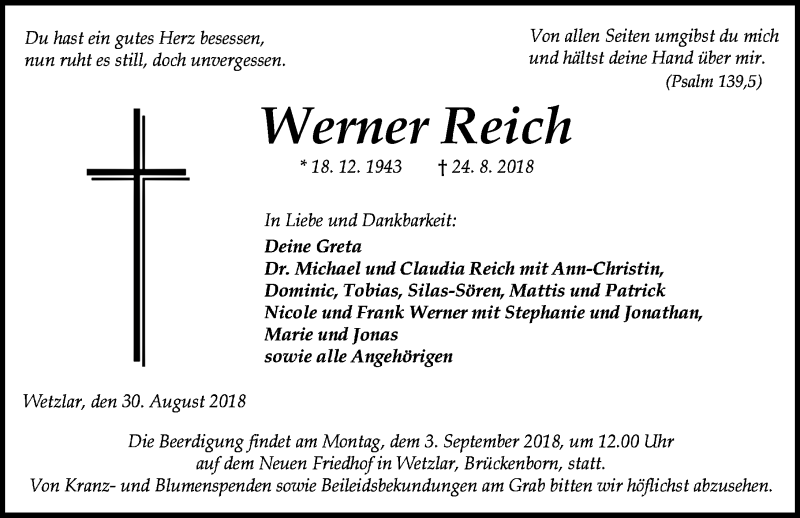  Traueranzeige für Werner Reich vom 30.08.2018 aus Wetzlarer Neue Zeitung