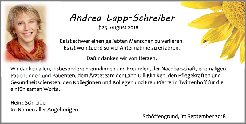  Traueranzeige für Andrea Lapp-Schreiber vom 13.09.2018 aus Wetzlarer Neue Zeitung