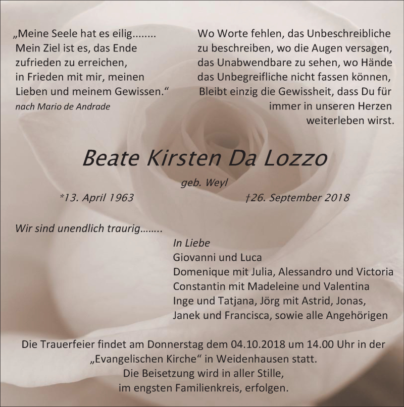  Traueranzeige für Beate Kirsten Da Lozzo vom 29.09.2018 aus Hinterländer Anzeiger