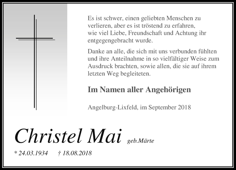 Traueranzeige für Christel Mai vom 29.09.2018 aus Hinterländer Anzeiger