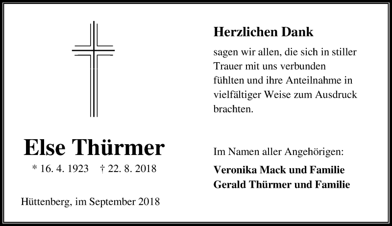  Traueranzeige für Else Thürmer vom 22.09.2018 aus Wetzlarer Neue Zeitung