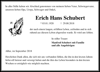 Traueranzeige von Erich Hans Schubert von Wetzlarer Neue Zeitung