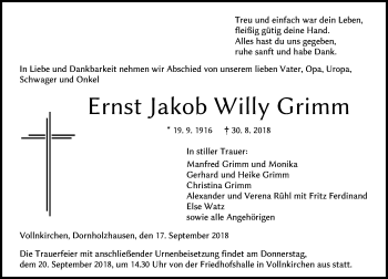 Traueranzeige von Ernst Jakob Willy Grimm von Wetzlarer Neue Zeitung