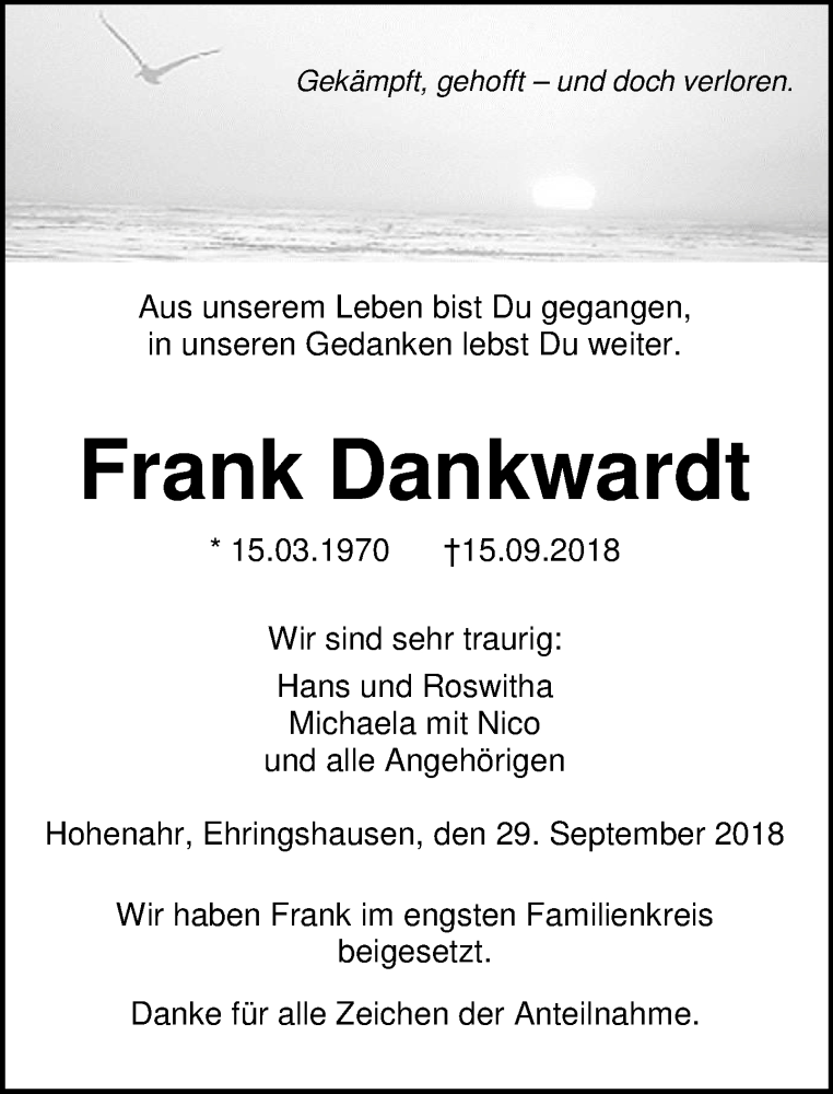  Traueranzeige für Frank Dankwardt vom 29.09.2018 aus Wetzlarer Neue Zeitung