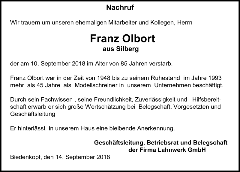  Traueranzeige für Franz Olbort vom 14.09.2018 aus Hinterländer Anzeiger