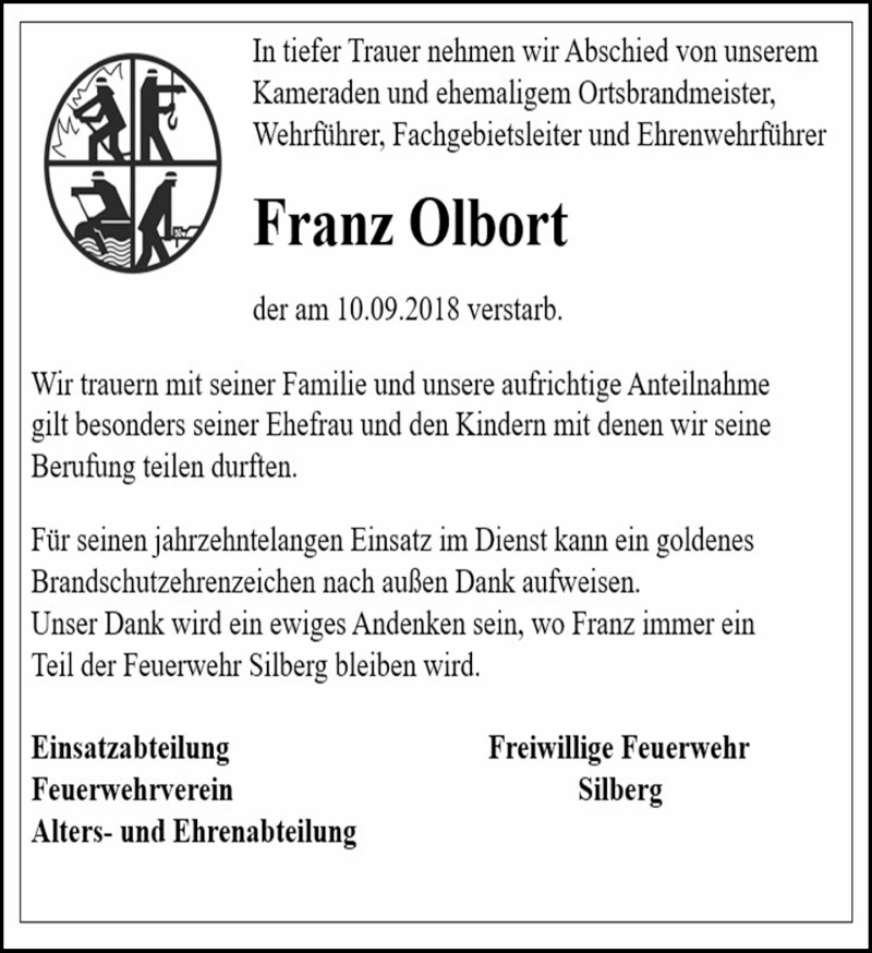  Traueranzeige für Franz Olbort vom 13.09.2018 aus Hinterländer Anzeiger