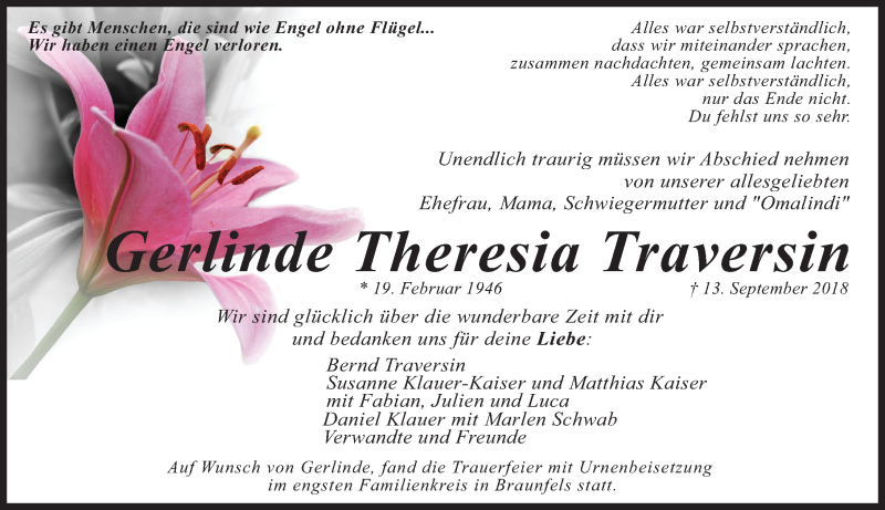  Traueranzeige für Gerlinde Theresia Traversin vom 22.09.2018 aus Wetzlarer Neue Zeitung