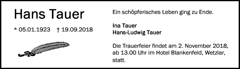  Traueranzeige für Hans Tauer vom 29.09.2018 aus Wetzlarer Neue Zeitung