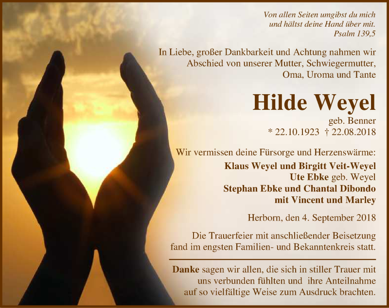  Traueranzeige für Hilde Weyel vom 04.09.2018 aus Dill-Block