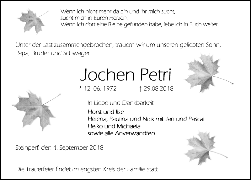  Traueranzeige für Jochen Petri vom 04.09.2018 aus Hinterländer Anzeiger