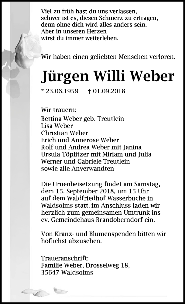  Traueranzeige für Jürgen Willi Weber vom 08.09.2018 aus Wetzlarer Neue Zeitung