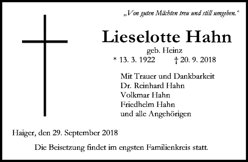  Traueranzeige für Lieselotte Hahn vom 29.09.2018 aus Dill-Block