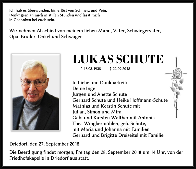  Traueranzeige für Lukas Schute vom 27.09.2018 aus Dill-Block
