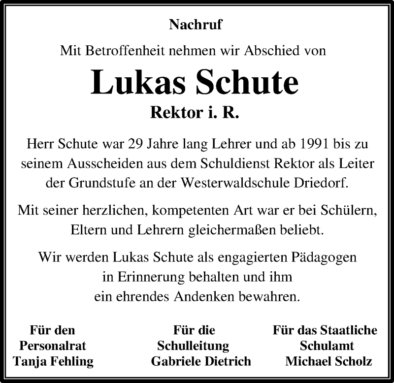  Traueranzeige für Lukas Schute vom 26.09.2018 aus Dill-Block