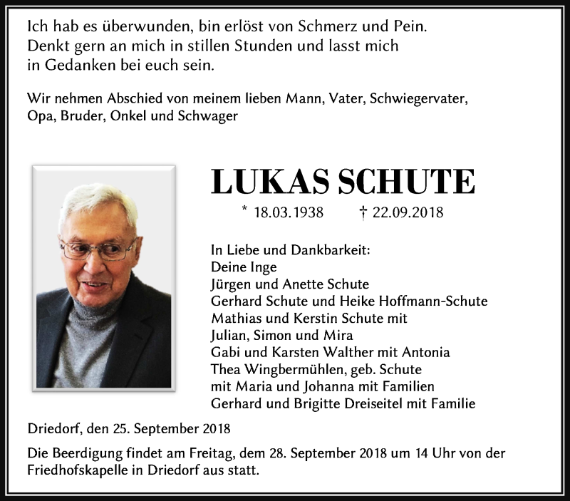  Traueranzeige für Lukas Schute vom 25.09.2018 aus Dill-Block