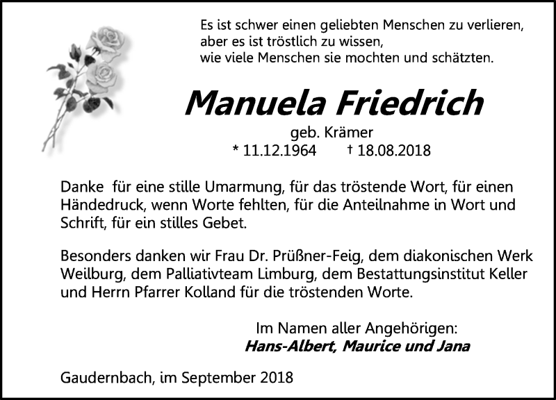  Traueranzeige für Manuela Friedrich vom 29.09.2018 aus Weilburger Tageblatt