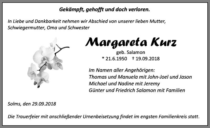  Traueranzeige für Margareta Kurz vom 29.09.2018 aus Wetzlarer Neue Zeitung
