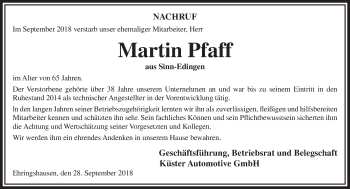Traueranzeige von Martin Pfaff von Wetzlarer Neue Zeitung