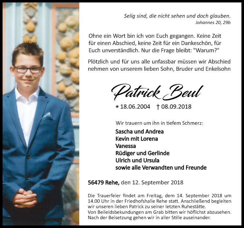  Traueranzeige für Patrick Beul vom 12.09.2018 aus Dill-Block