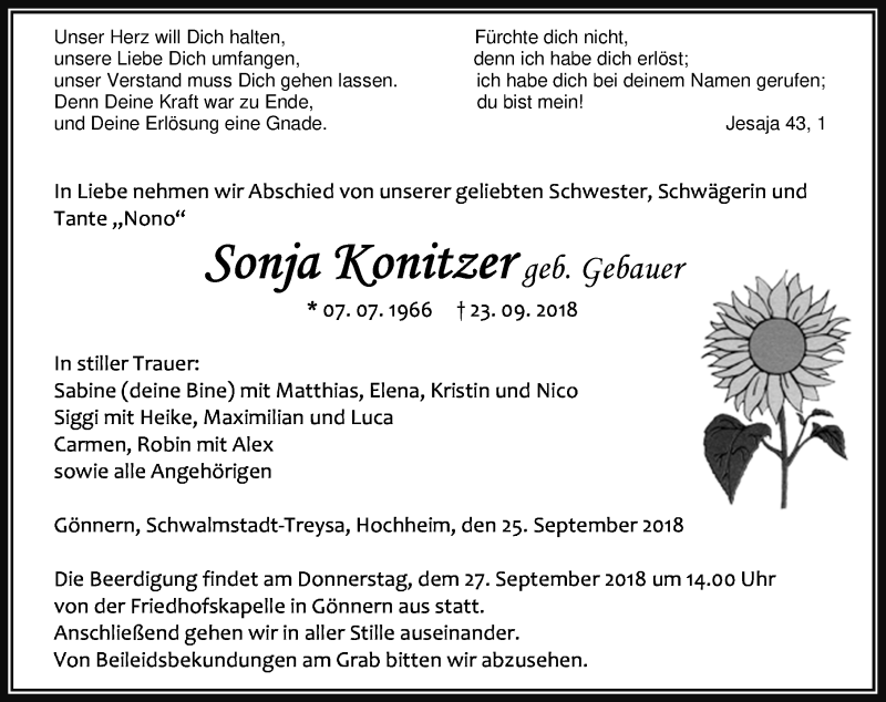 Traueranzeige für Sonja Konitzer vom 25.09.2018 aus Hinterländer Anzeiger