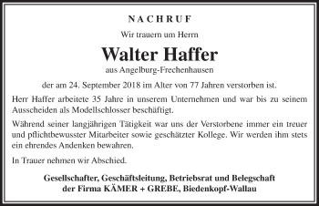 Traueranzeige von Walter Haffer von Hinterländer Anzeiger