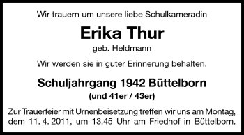 Traueranzeige von Erika Thur von Rüsselsheimer Echo, Groß-Gerauer-Echo, Ried Echo