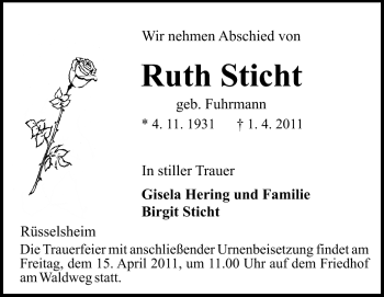 Traueranzeige von Ruth Sticht von Rüsselsheimer Echo, Groß-Gerauer-Echo, Ried Echo