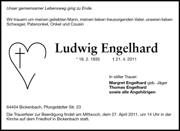 Traueranzeige von Ludwig Engelhard von Echo-Zeitungen (Gesamtausgabe)