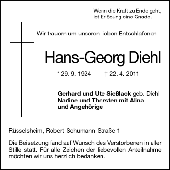 Traueranzeige von Hans-Georg Diehl von Rüsselsheimer Echo, Groß-Gerauer-Echo, Ried Echo