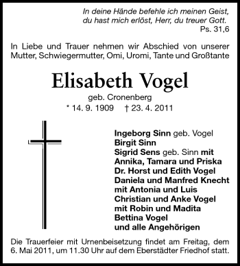 Traueranzeige von Elisabeth Vogel von Darmstädter Echo, Odenwälder Echo, Rüsselsheimer Echo, Groß-Gerauer-Echo, Ried Echo