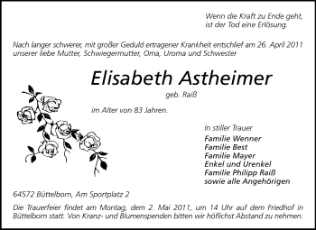 Traueranzeige von Elisabeth Astheimer von Rüsselsheimer Echo, Groß-Gerauer-Echo, Ried Echo