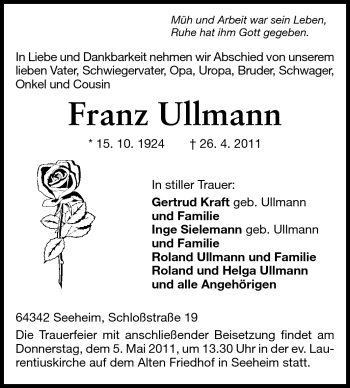 Traueranzeige von Franz Ullmann von Echo-Zeitungen (Gesamtausgabe)
