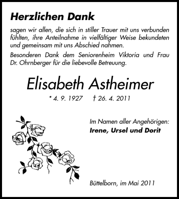 Traueranzeige von Elisabeth Astheimer von Rüsselsheimer Echo, Groß-Gerauer-Echo, Ried Echo