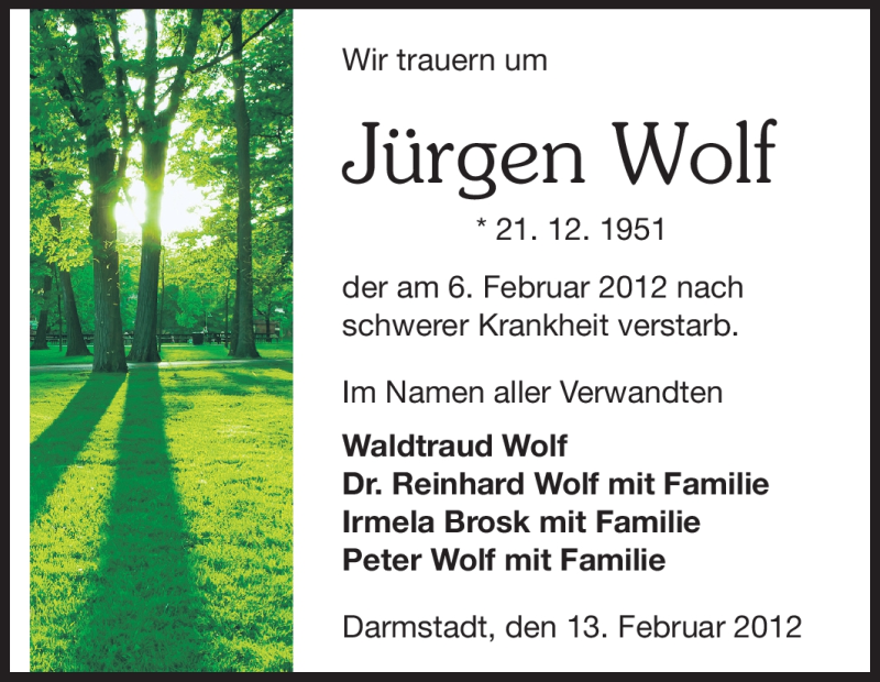  Traueranzeige für Jürgen Wolf vom 13.02.2012 aus Echo-Zeitungen (Gesamtausgabe)