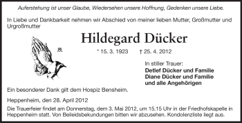 Traueranzeige von Hildegard Dücker von Starkenburger Echo