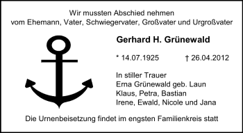 Traueranzeige von Gerhard H. Grünewald von Rüsselsheimer Echo, Groß-Gerauer-Echo, Ried Echo