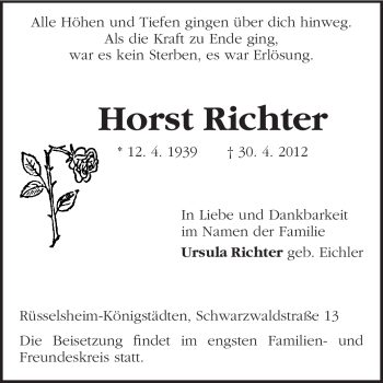 Traueranzeige von Horst Richter von Rüsselsheimer Echo, Groß-Gerauer-Echo, Ried Echo