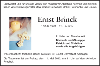 Traueranzeige von Ernst Brinck von Echo-Zeitungen (Gesamtausgabe)