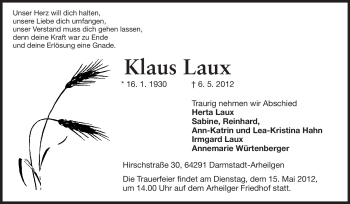 Traueranzeige von Klaus Laux von Darmstädter Echo, Odenwälder Echo, Rüsselsheimer Echo, Groß-Gerauer-Echo, Ried Echo