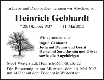 Traueranzeige von Heinrich Gebhardt von Echo-Zeitungen (Gesamtausgabe)